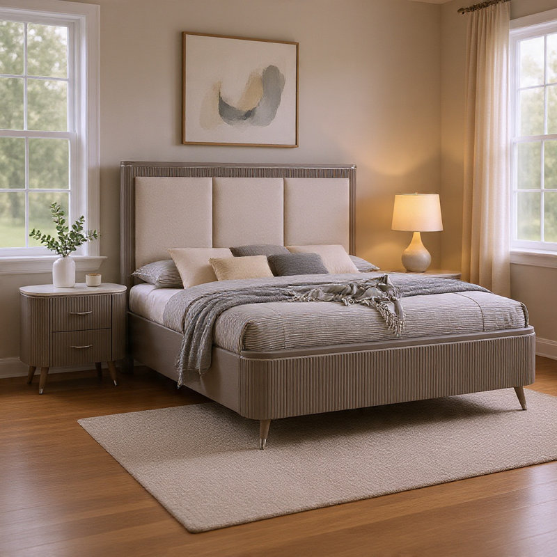 Ensemble de chambre pour grand lit, gris clair, argent, blanc, bois chromé, ensemble de 2 pièces avec table de chevet