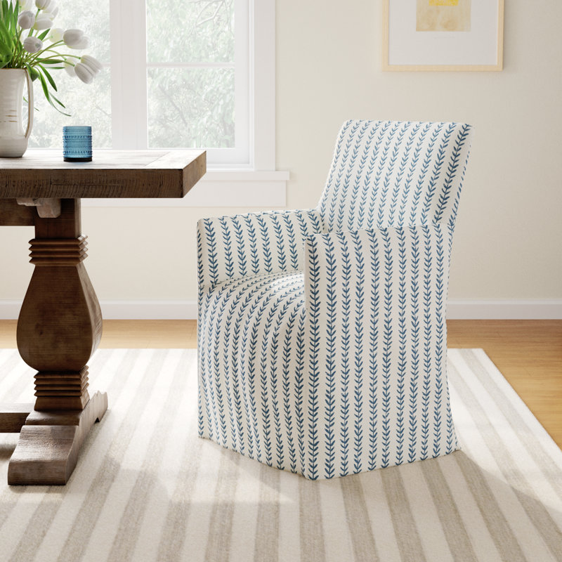 Silvia 20'' H Cotton Upholstered Armchair, Vine Stripe Dusty Blue
