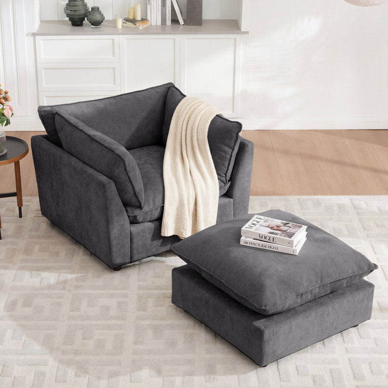 Heffernan 44.49" Accent Chair With Ottoman, Dark Gray Chenille