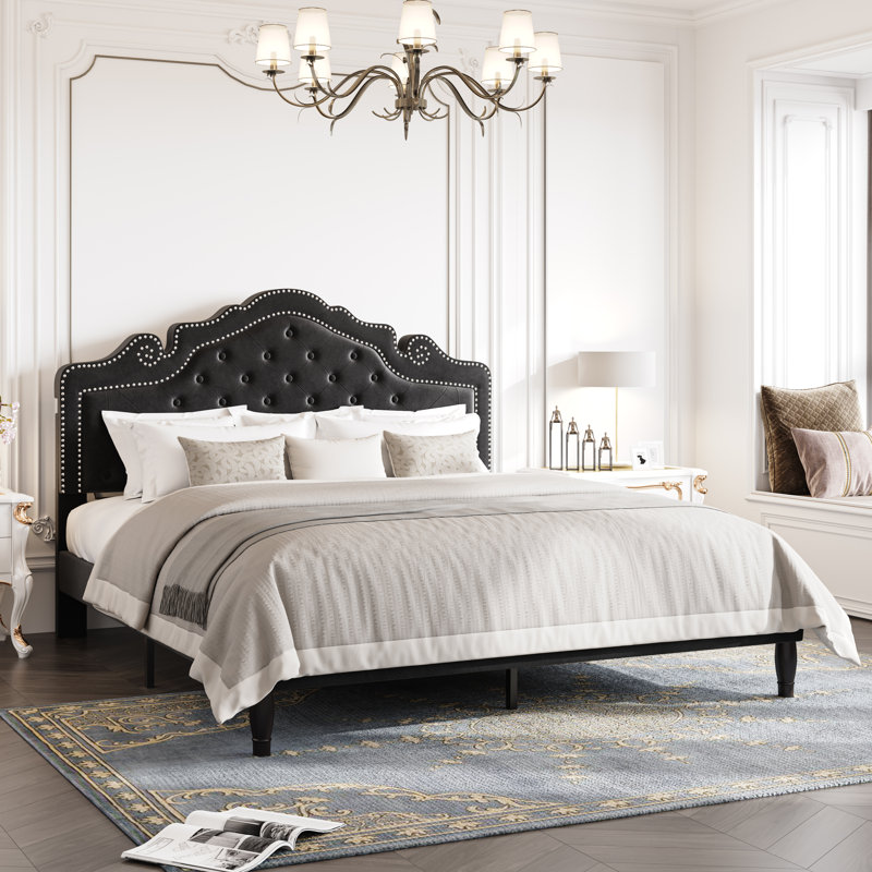 Tête de lit plateforme capitonnée en velours Antonious avec hauteur ajustable à 3 niveaux, sans sommier, rangement sous le lit, taille double, noir