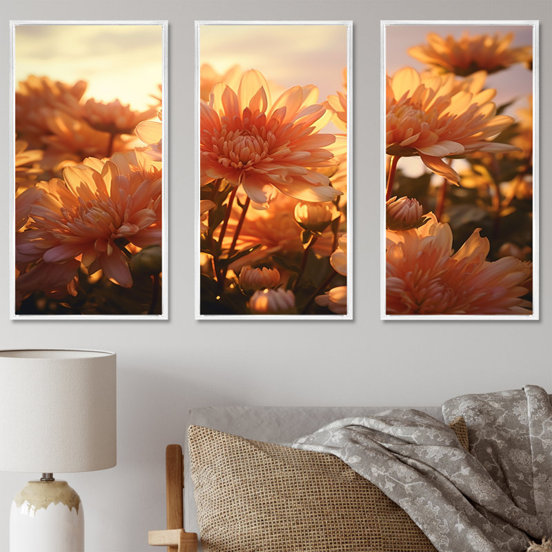 «Chrysanthemums Sunrise Field In Morning», ensemble d'art mural, Cadre flottant blanc, H 28 po x l 36 po x P 1 po