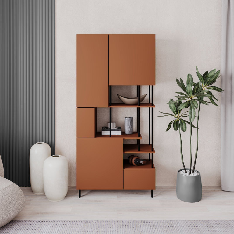 Key Modern Bookcase Display Unit with Closed Cabinets and Open Shelves, Cinnamon