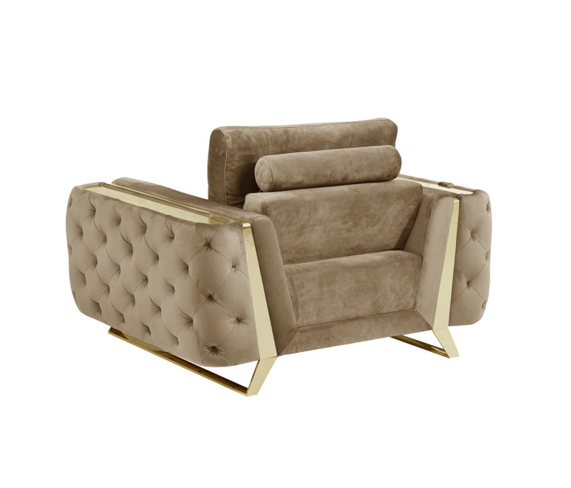  Fauteuil club beige en velours touffeté, Beige, Gold