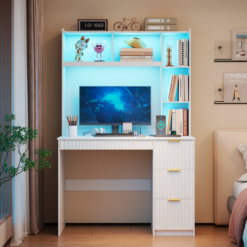 4-Drawer Computer Desk with Bookshelves and Led Lighting, Home Office Desk with Charging Station, White