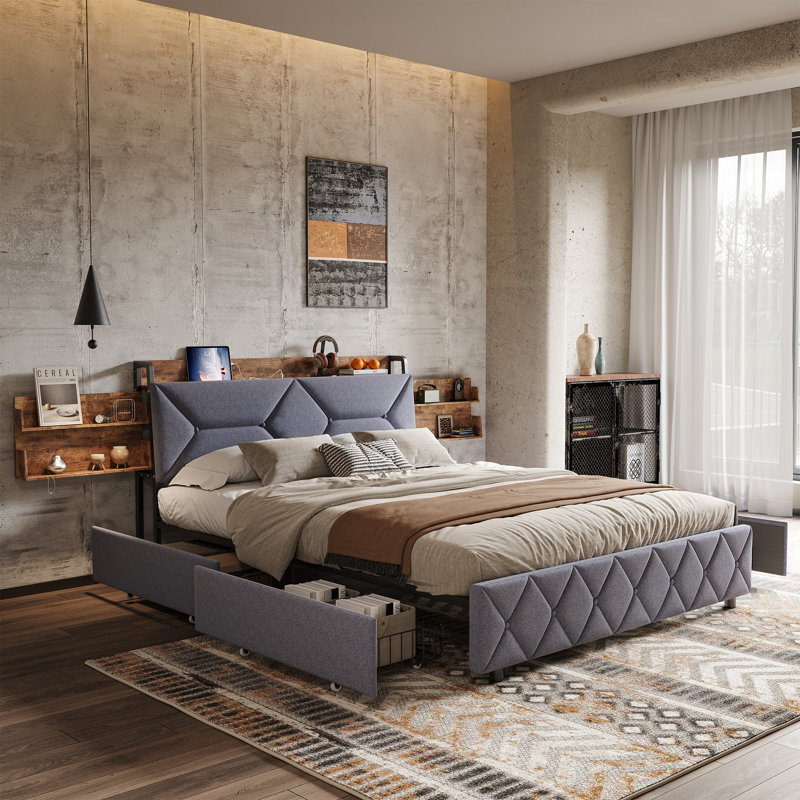 Fabric Bed Frame With Headboard Storage, USB Ports, Extended Side Shelves & 4 Drawers – Metal Frame