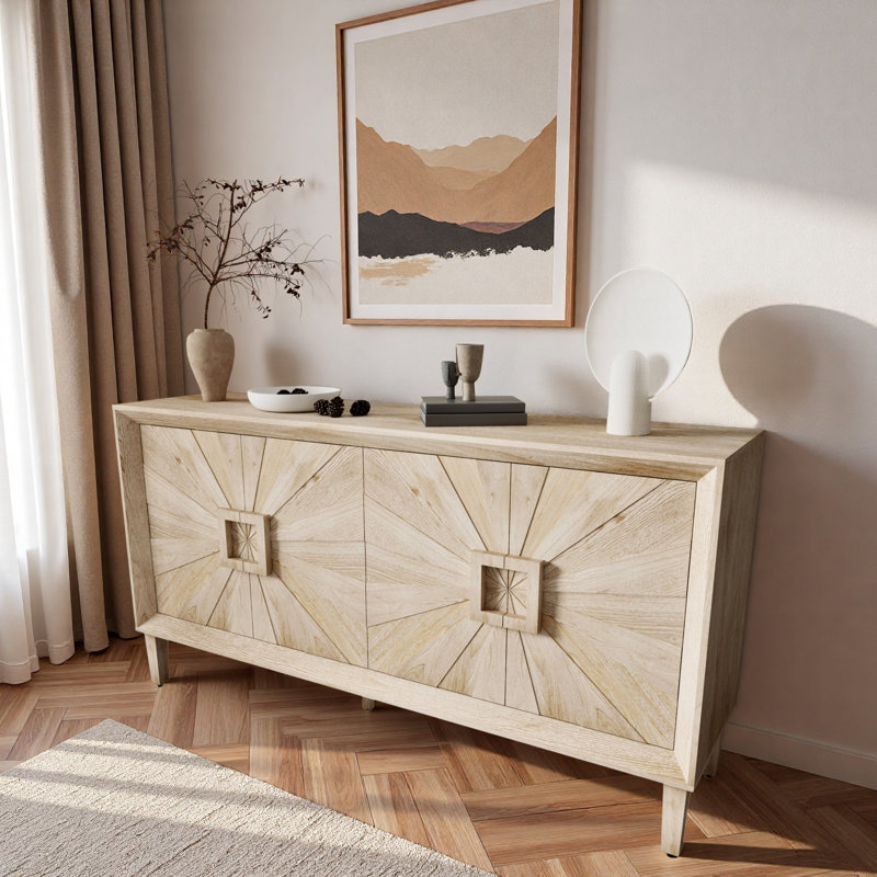 Buffet avec porte symétrique Sunburst et tablettes réglables, Naturel antique
