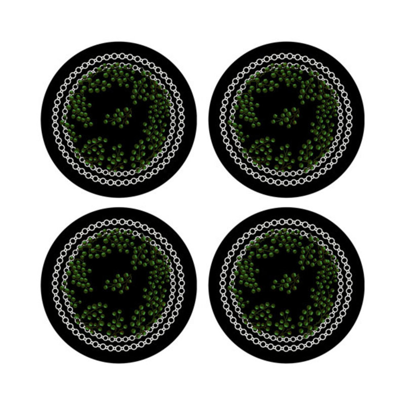 Christmas Berries Vegan Leather Round Coasters, Green Black