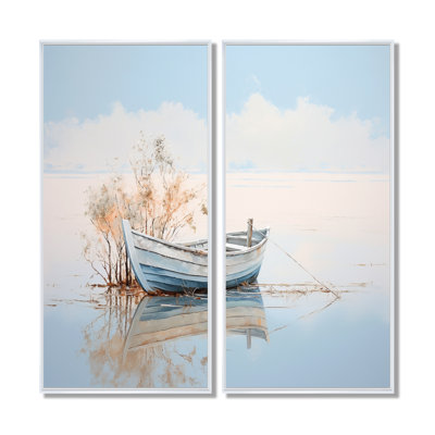 Bleu et blanc, petit bateau au bord du lac - ensemble de 2 décorations murales encadrées