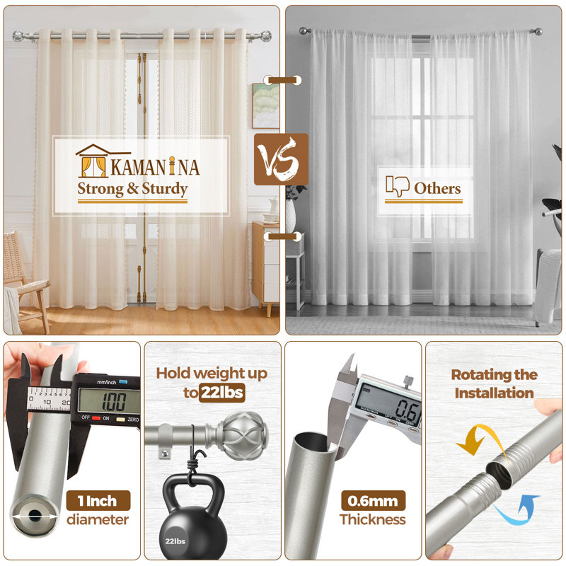 Tringles à rideaux pour fenêtres, tringles à rideaux décoratives réglables avec fleurons à texture nette, 33” – 145”