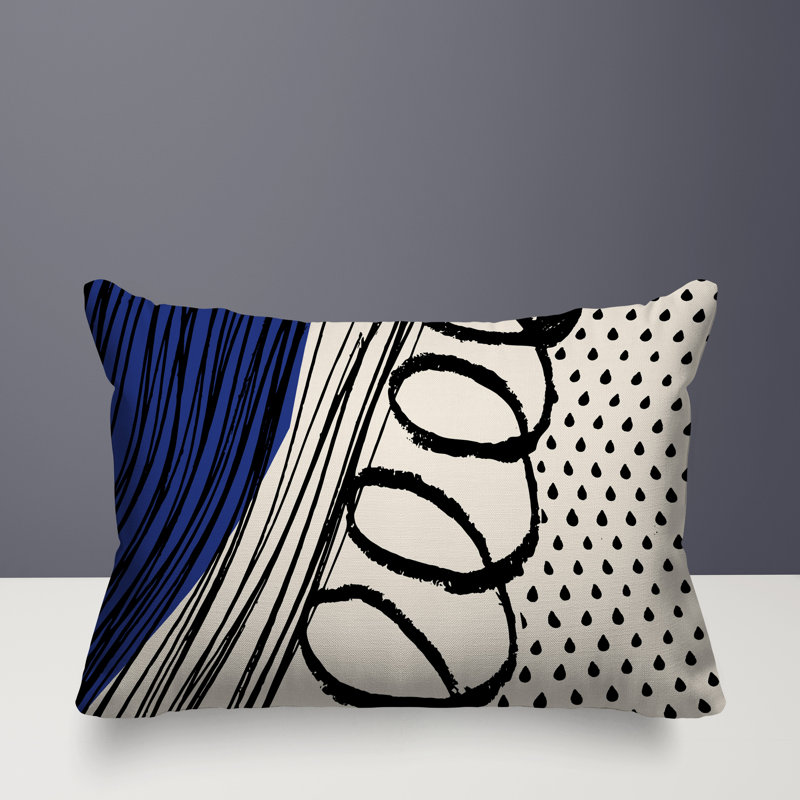 Oreiller rectangulaire réversible intérieur / extérieur Toba, H 14 po x l 20 po, Bleu marine / noir / blanc cassé