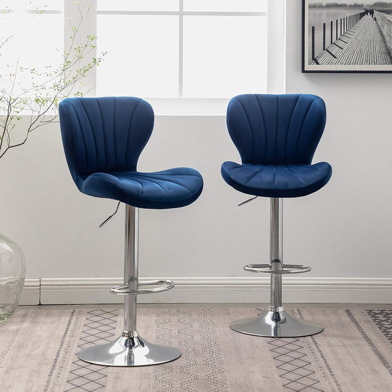Set Of 2 Velvet Adjustable Swivel Bar Stools, Blue