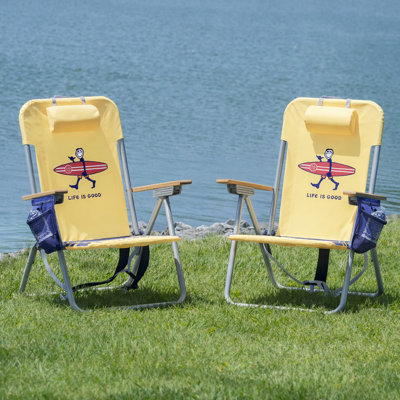 Life Is Good 4-Position Backpack Aluminum Beach Chair With Pillow And Cup Holder Yellow And Navy Blue 2 Pack