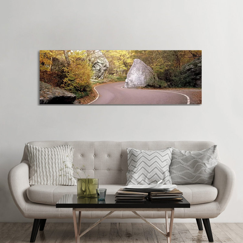 Road Curving Around A Big Boulder, Stowe, Lamoille County, Vermont, USA - Wrapped Canvas Panoramic Print