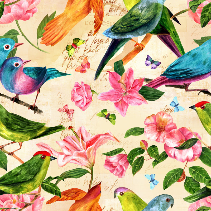 Seamless Pattern With Birds, Flowers And Butterflies - Wrapped Canvas Print, 76cm H x 76cm W x 3.8cm D