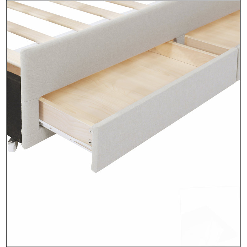 Lit plateforme tapissier avec lit gigogne et 3 tiroirs, parfait pour un espace de couchage supplémentaire et un rangement dans les chambres modernes.