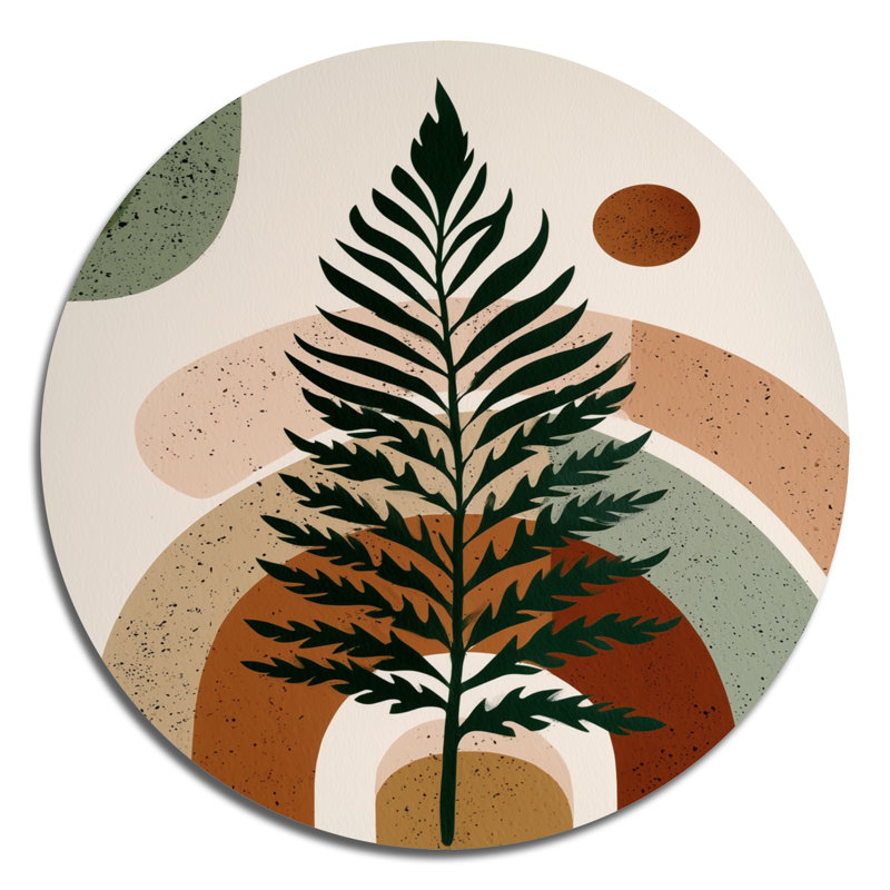 Green Brown Minimalism Fern Composition - Abstract Midcentury Large Round Metal Wall Art, 29" W x 29" H