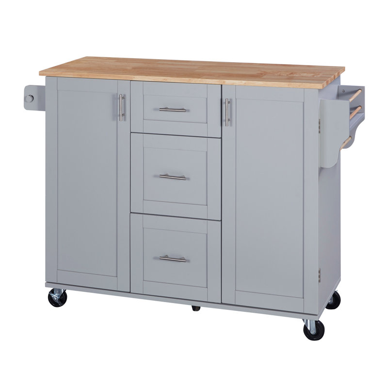 Rolling Kitchen Island With Storage, Kitchen Cart With Rubber Wood Top, 2 Slide-Out Shelf And Internal Storage Rack, Kitchen Island On Wheels With Spice Rack & Tower Rack