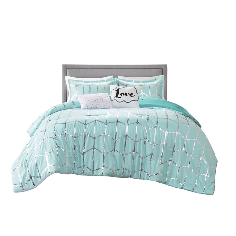 Literie double tendance et motif métallique argenté, Édredon double / grand + 4 pièces supplémentair, Aqua / argenté