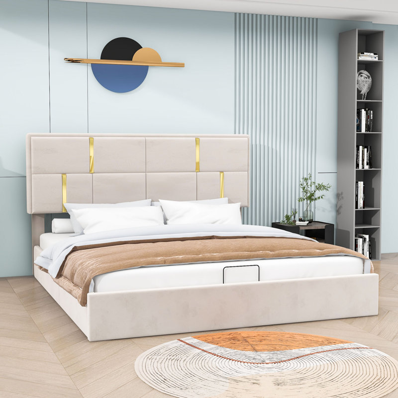 Grand lit plateforme avec rangement Meryem, Beige