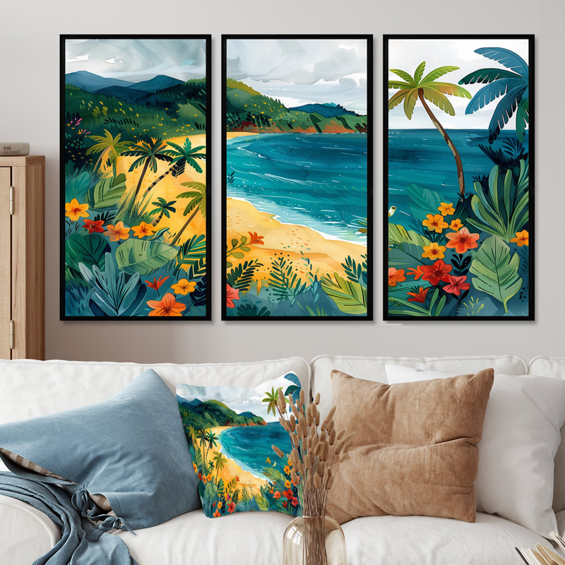 «Orange Green Coastal Beach In Mexico III», ensemble de reproductions d'art mural, Toile avec cadre flottant noir