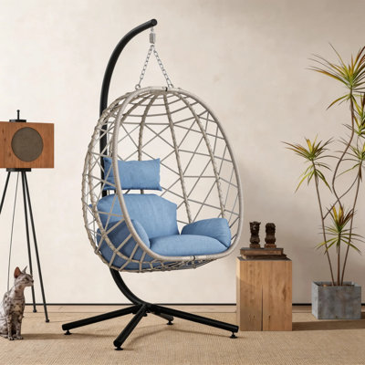 Ecolounge Modern Freestanding Woven Rattan & Fabric Egg Swing Chair with Stand, 400 lb Capacity