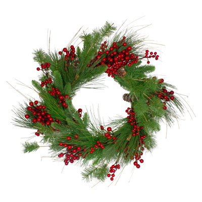 Couronne de Noël artificielle en pin et baies rouges 24 pouces - non éclairée