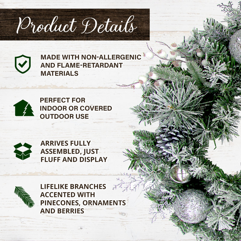 24-Inch Artificial Christmas Wreath with Pinecones and Snow Flocking