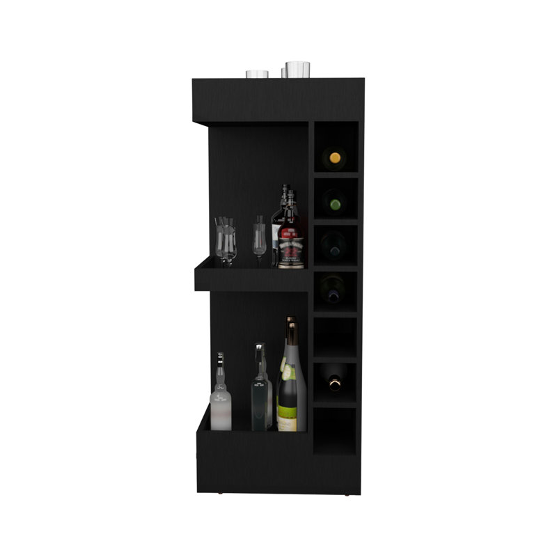  Bar d'angle avec support à vin et tablette ouverte, Noir, H 45,9 po x l 18,3 po x P 18,3 po