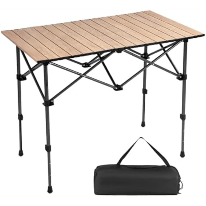 Table de camping pliante en aluminium, grain de bois | Conception pliable, plateau de table en aluminium enroulable, poids léger avec sac de transport, pieds réglables en hauteur, extérieur pour le camping, pique-nique