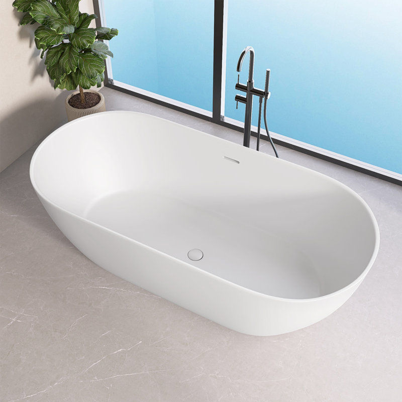 63 in. L X 31 in. W Solid Surface Freestanding Soaking Modern Bathtub With Center Drain Overflow  in Matte  White