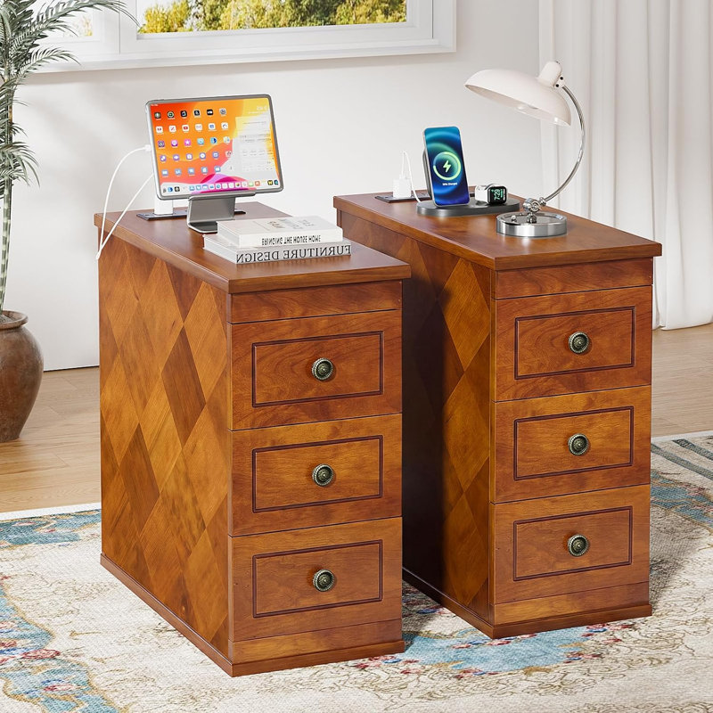 Table de bout en bois massif avec station de charge pour salon, ensemble de 2, table d'appoint étroite à 3 tiroirs, carré, brun doré