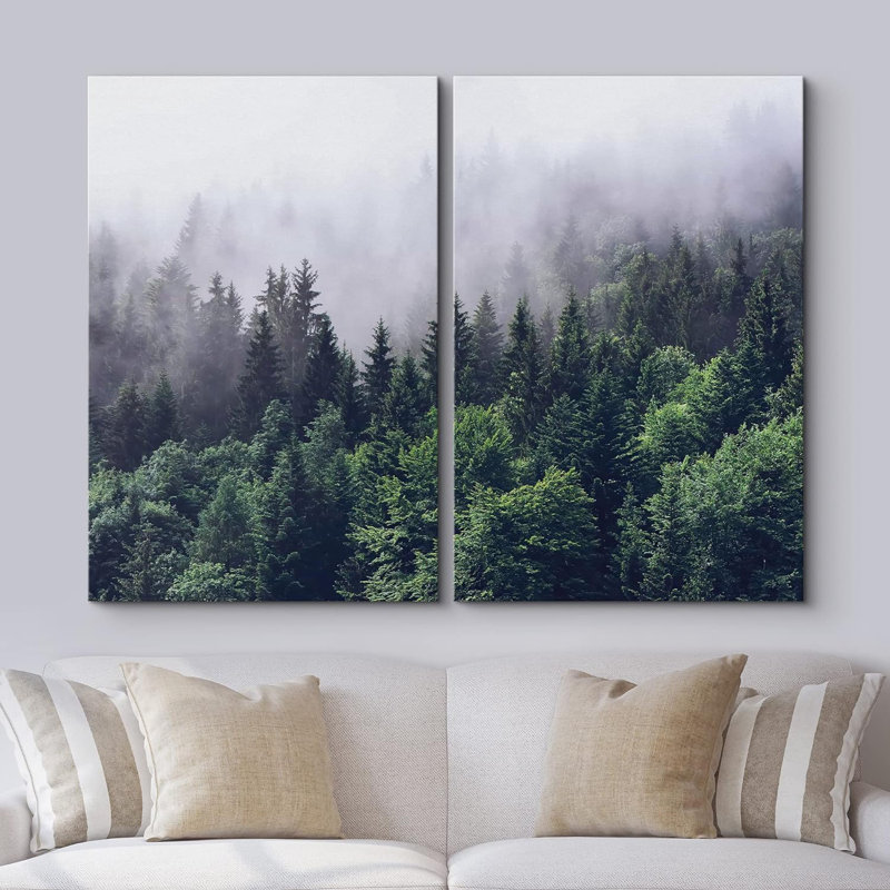 Brume et brouillard, pin vert, forêt, paysage naturel, impression sur toile, 2 pièces, Toile tendue
