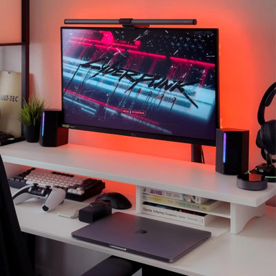 Support en bambou double pour écran blanc, support pour écran de bureau à 2 niveaux pour 2 écrans, support pour écran d'ordinateur PC, imprimante, support pour téléviseur lourd jusqu'à 300 lb, blanc