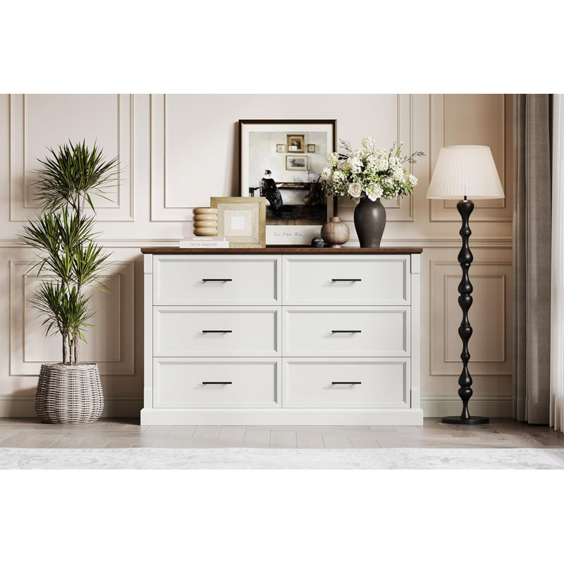 White 6 Drawer Farmhouse Dresser with Metal Handles, Rustic Wooden Chest for Bedroom, Living Room, Hallway