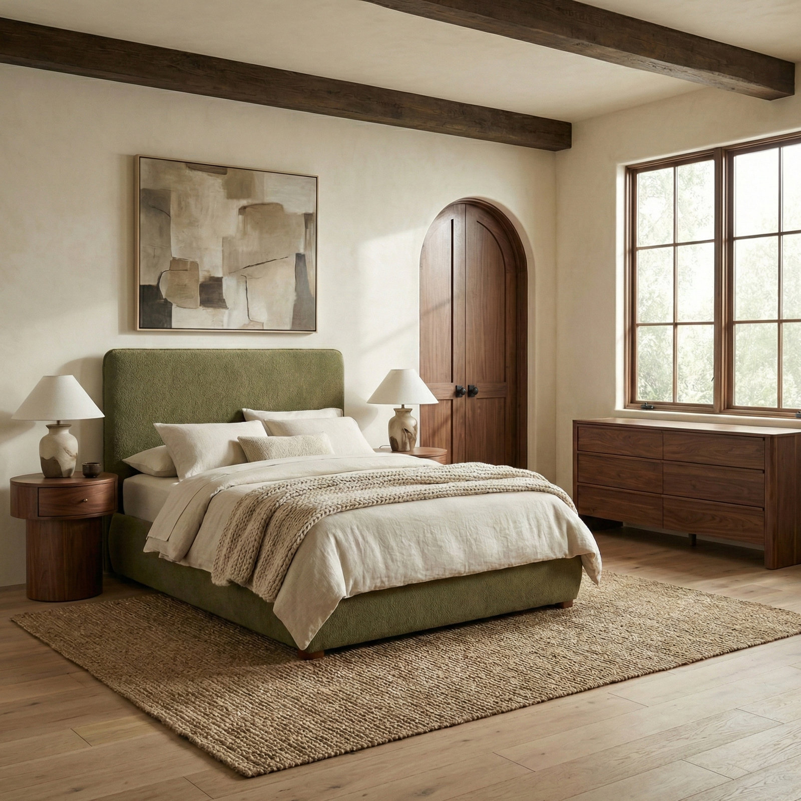 Callahan Linen Upholstered Bed, Olive Green Faux Sherpa, Twin