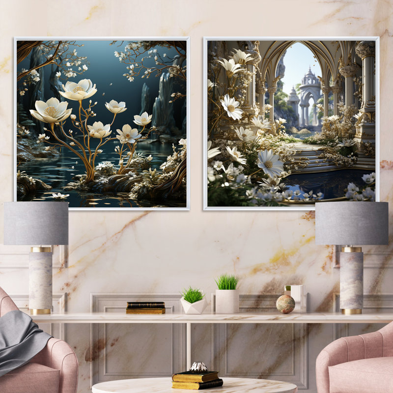 Gilded Snowdrops River - ensemble de 2 collages floraux carrés, Cadre blanc, H 36 po x l 73 po