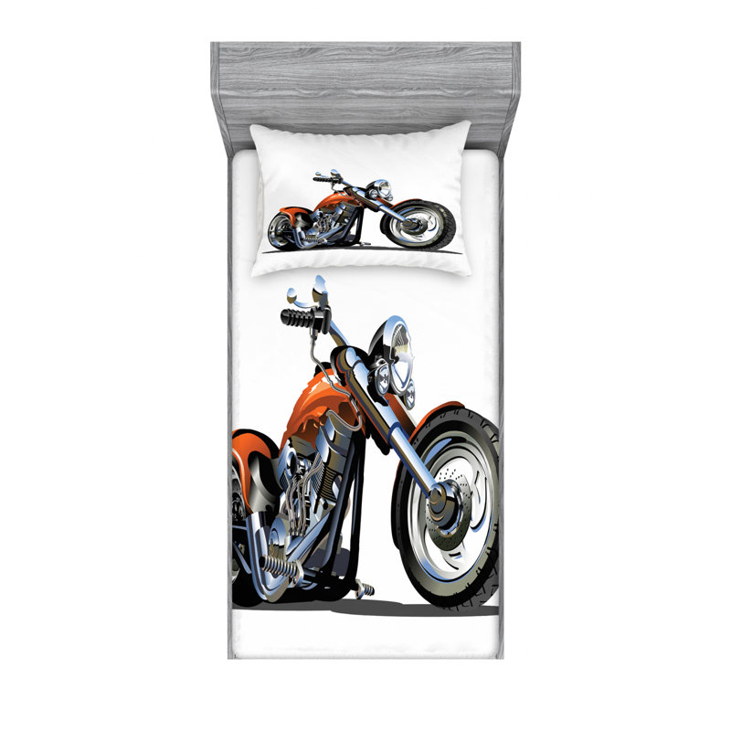 Twin White Microfiber Motorbike Print Bedding Set