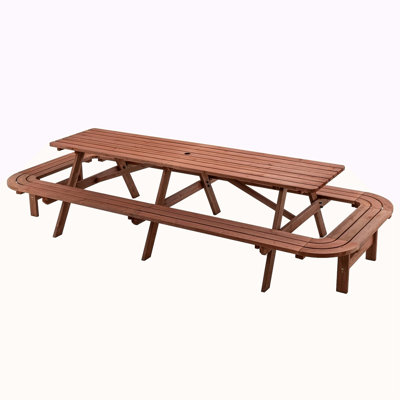 Table de pique-nique avec bancs pour 14 à 16 personnes, table rectangulaire d'extérieur en bois de près de 8 pieds de long pour patio, jardin, cour arrière, grand ensemble de salle à manger extérieur avec trou pour parasol