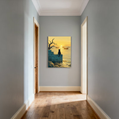 Cat On Stone Wall Sunset Seascape Canvas Wrapped Wall Art Oil Painting Print Set Of 1