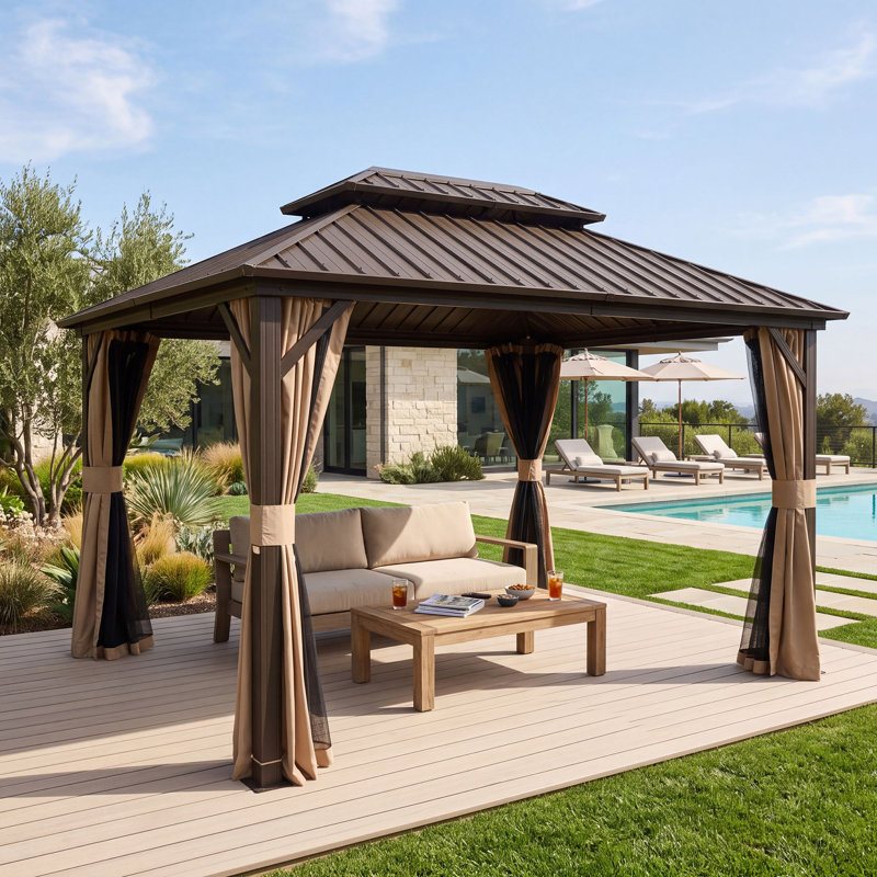 12 pi. L 8 pi. D Pavillon de jardin en aluminium avec toit double en pente, Brun