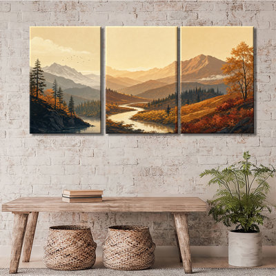 Automne montagne imprimé Golden Maple Lake Waterfall Sunrise Pine Forest Flying Bird Nature Landscape 3PC, art mural sur toile tendue (1)