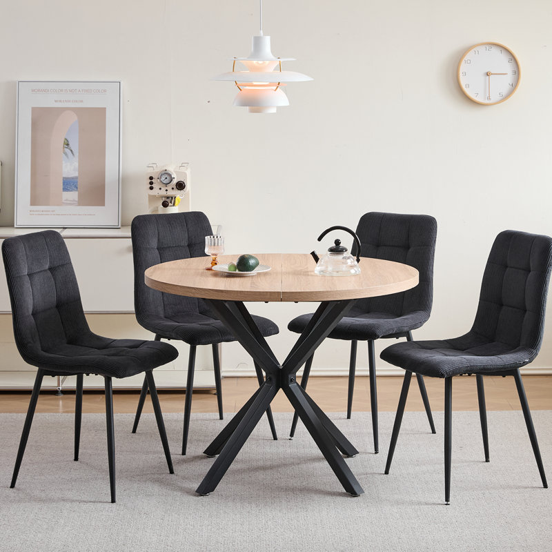 4 - Person Dining Set - Nordic Round Dining Table Set With 4 Upholstered Chairs - Metal Legs, Black Corduroy