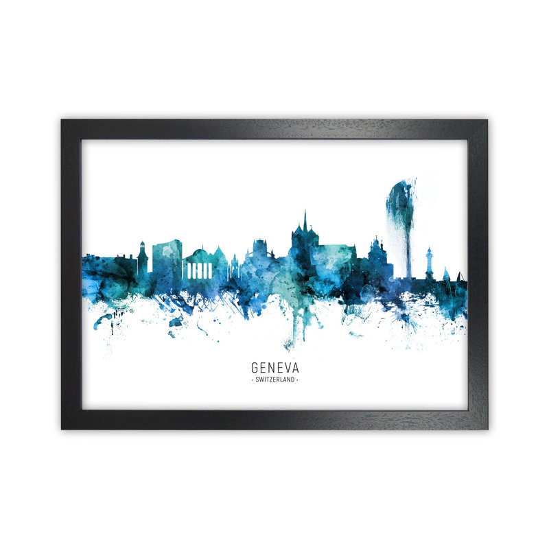 Geneva Switzerland Skyline Blue City Name by Michael Tompsett - Print, 46cm H x 63cm W x 3cm D, Black Framed