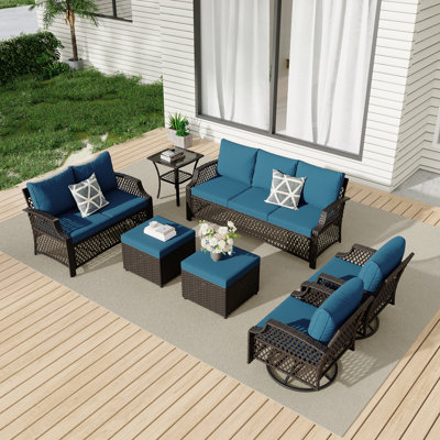 7 Piece Patio Furniture Set, Wicker Outdoor Conversation Sofa Set With Swivel Chairs, 2 Ottomans, Glass Side Table