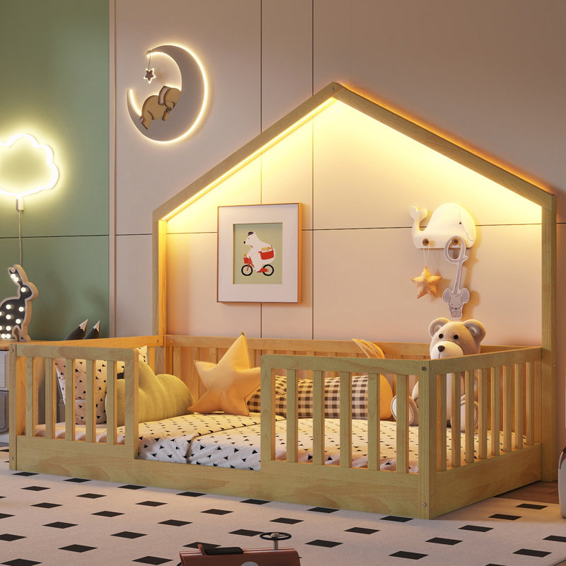 Lit simple au sol avec rails hauts, Naturel, Lit simple