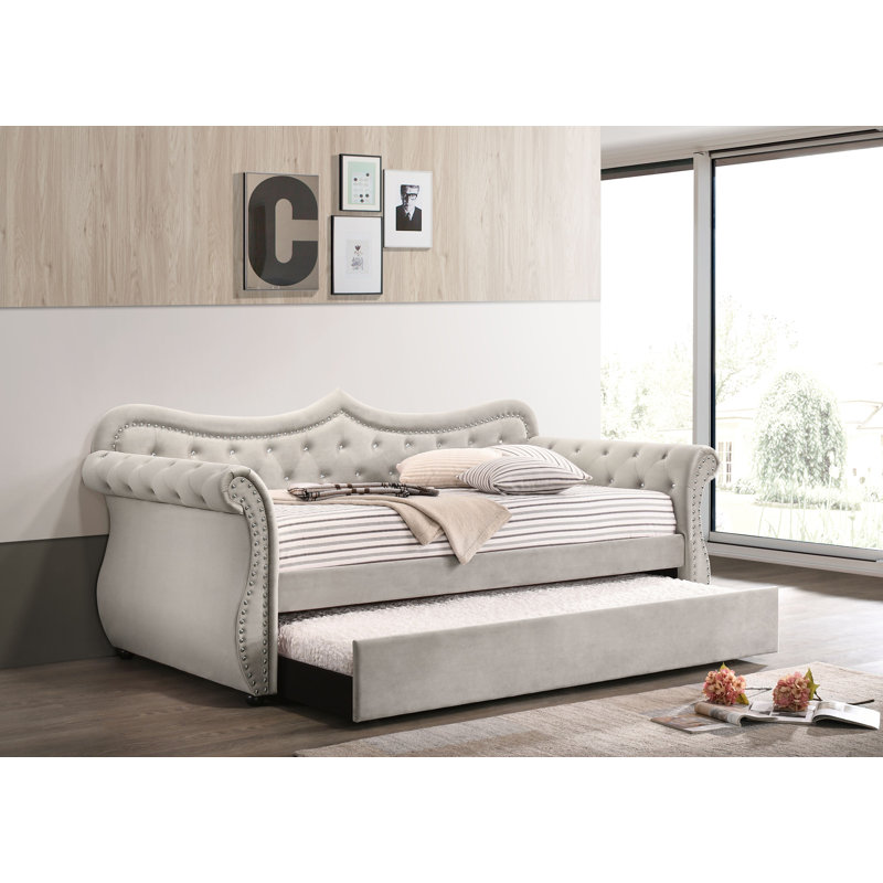 Beige Twin Upholstered Sleigh Daybed with Trundle and Nailhead Trim