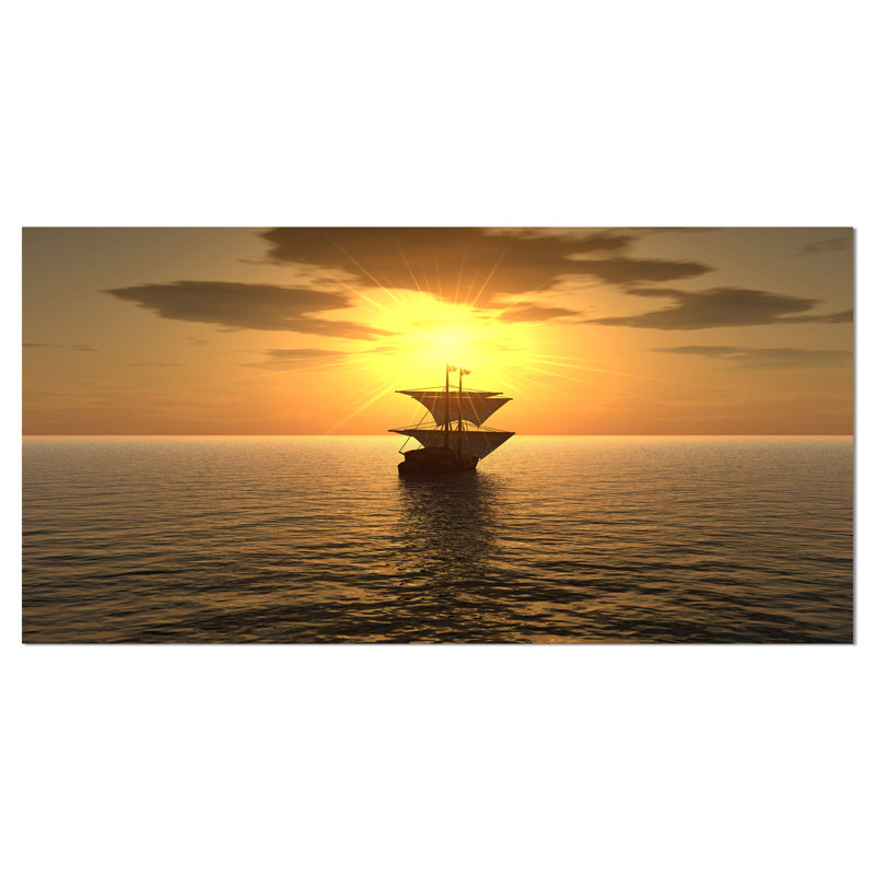 Photographie "navire et coucher de soleil" Seascape, H 16 po x l 32 po x P 1 po, Toile tendue