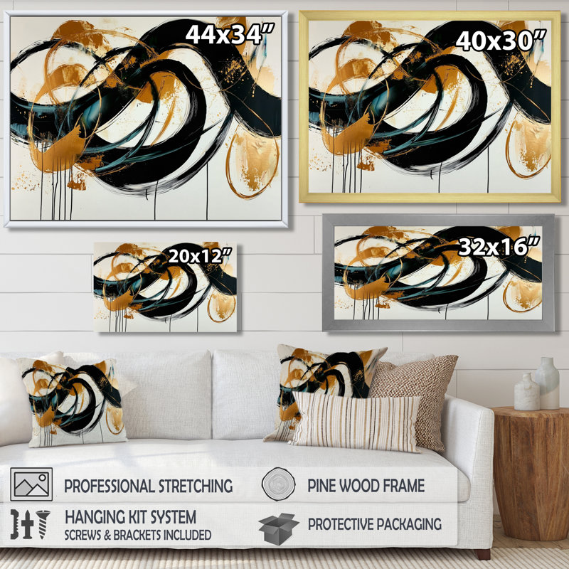 «Gold», jeu optique en spirale I noir - Constructivisme, art mural, H 34 po x l 44 po, Cadre flottant, Noir