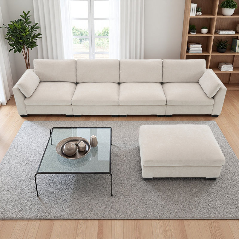 130" Modular Sectional Sofa, L-Shape With Folding Table And Dual-Port Charging, Side Storage Pockets, 2 Armrest Pillows, Free Movement Ottoman, High Density Foam, Chenille, 5 Seat