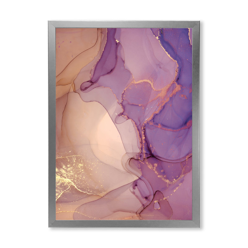 Nuage d'encre de marbre mauve et jaune - peinture sur toile, H 44 po x l 34 po x P 1,5 po, Cadre photo argenté
